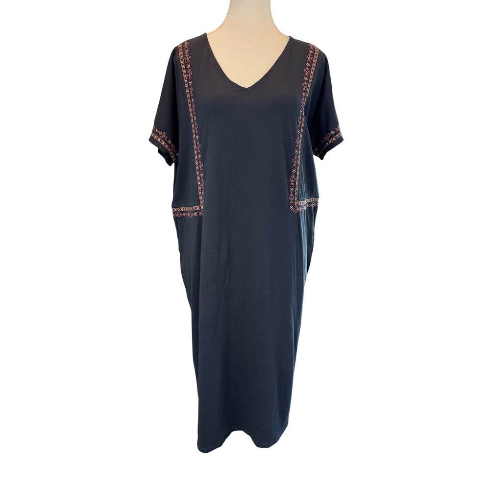 Pure J. Jill Organic Cotton Embroidered V-Neck T-Shirt Dress Grey Medium Tall